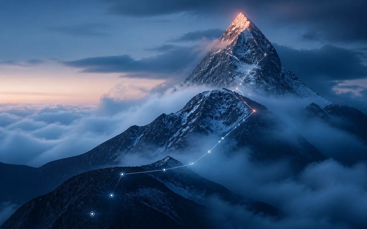 云层中的山峰沿着语义节点逐渐显现